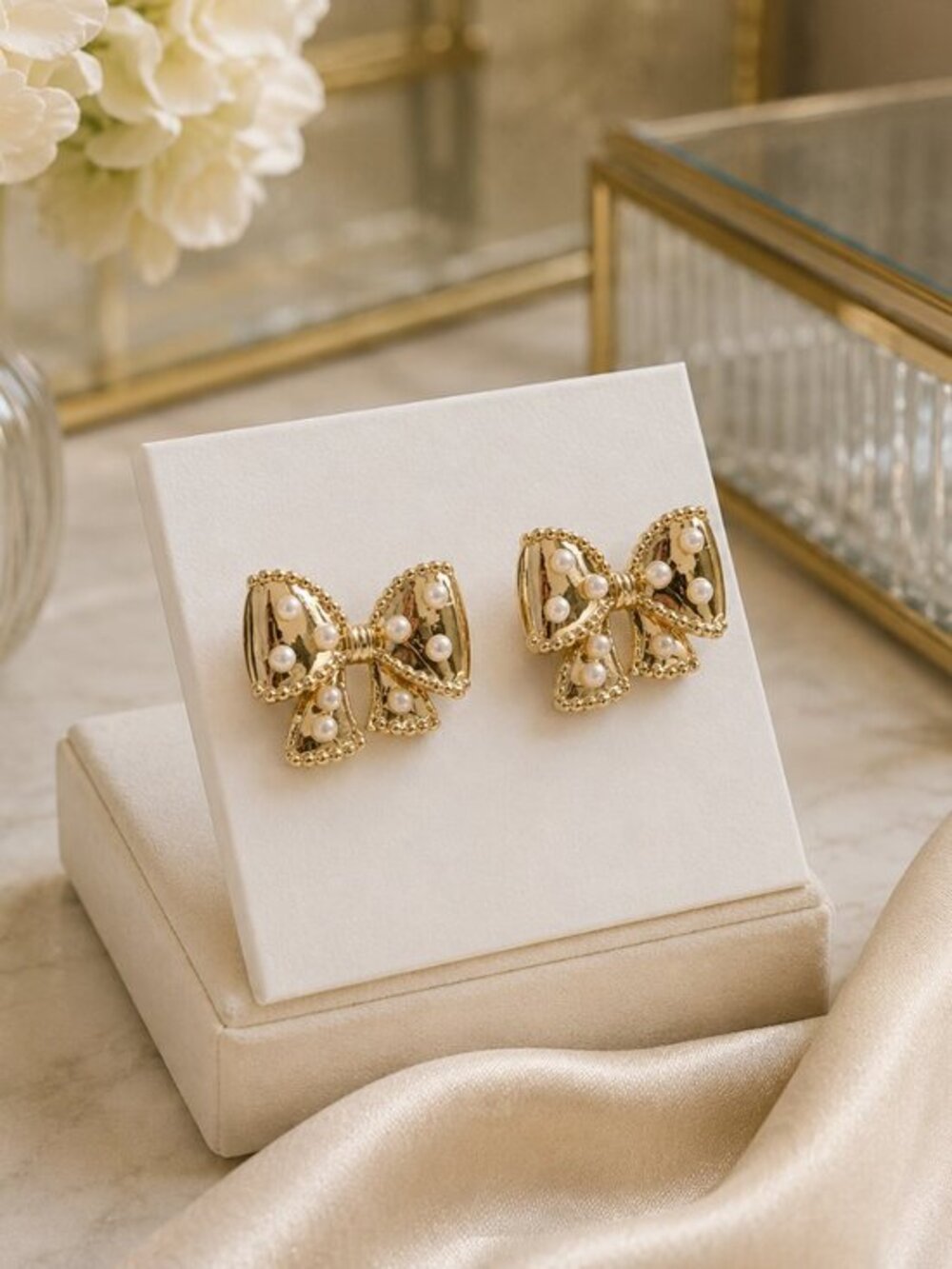 Gold Bow Stud Earrings Faux Pearl Crystal Coquette Jewelry NWT
